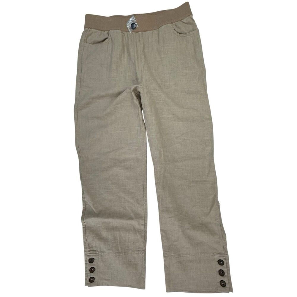 NEW Soft Surroundings Linen Blend Wide Leg Pants Medium Tan Buttons Accents